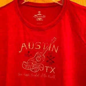 RARE Premium 51 AUSTIN TEXAS USA MUSIC CAPITAL red distressed cotton tee t shirt